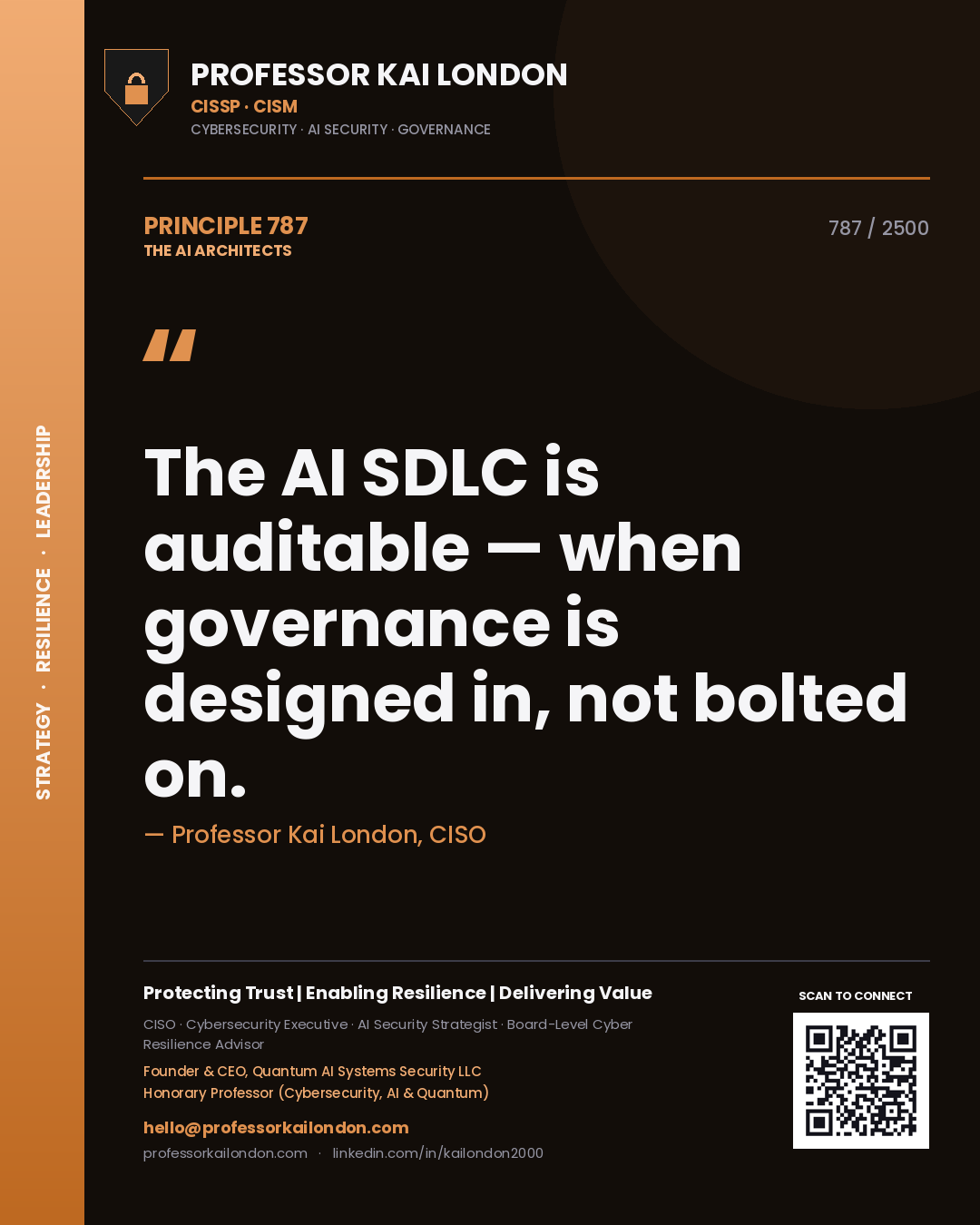 Quote card by Professor Kai London reading 'The AI SDLC is auditable — when governance is designed in, not bolted on.'. From the book The AI Architects.