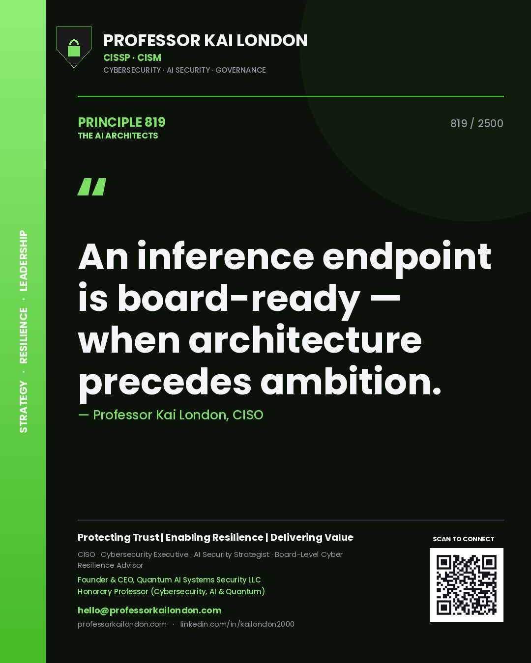 Quote card by Professor Kai London reading 'An inference endpoint is board-ready — when architecture precedes ambition.'. From the book The AI Architects.