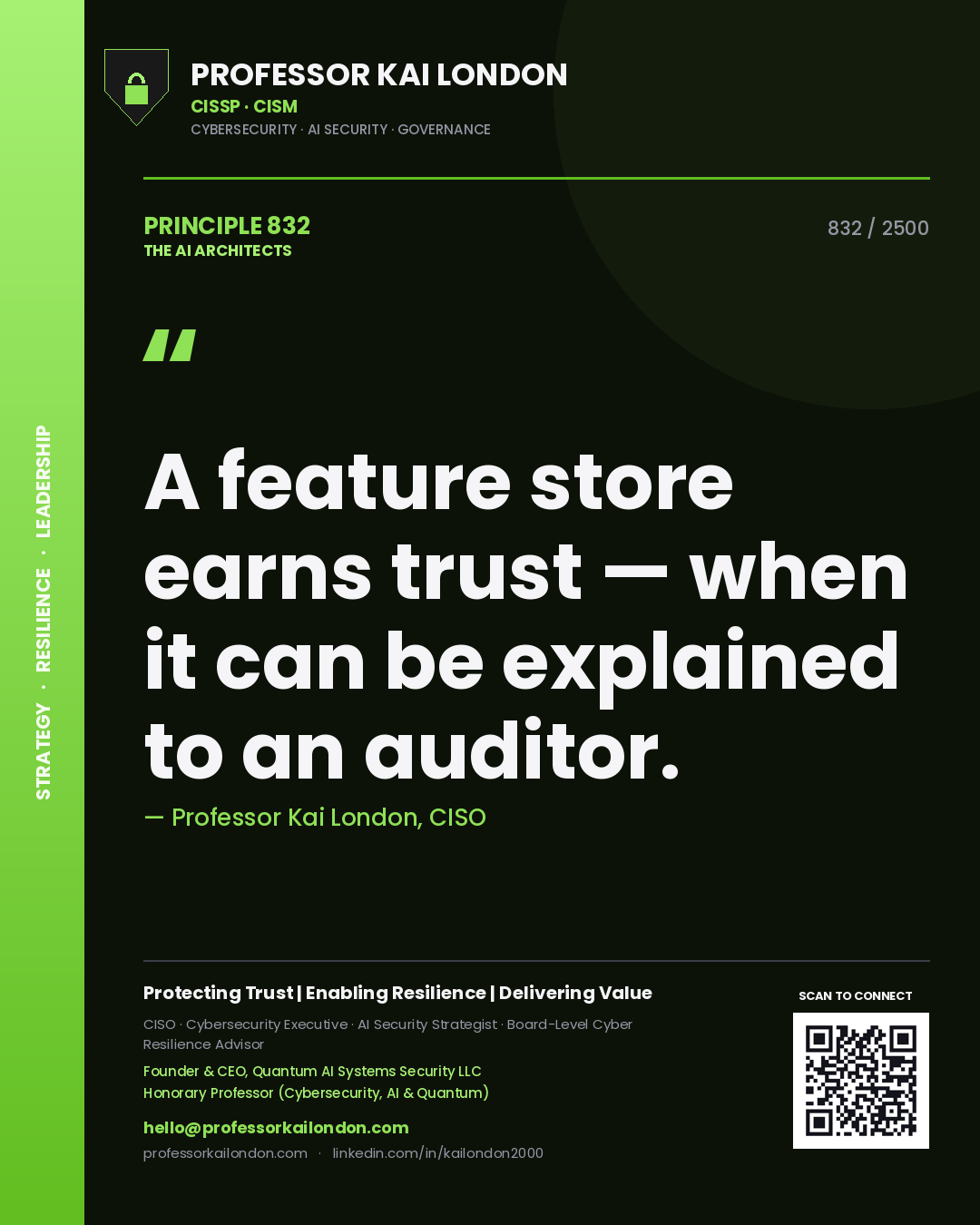 Quote card by Professor Kai London reading 'A feature store earns trust — when it can be explained to an auditor.'. From the book The AI Architects.