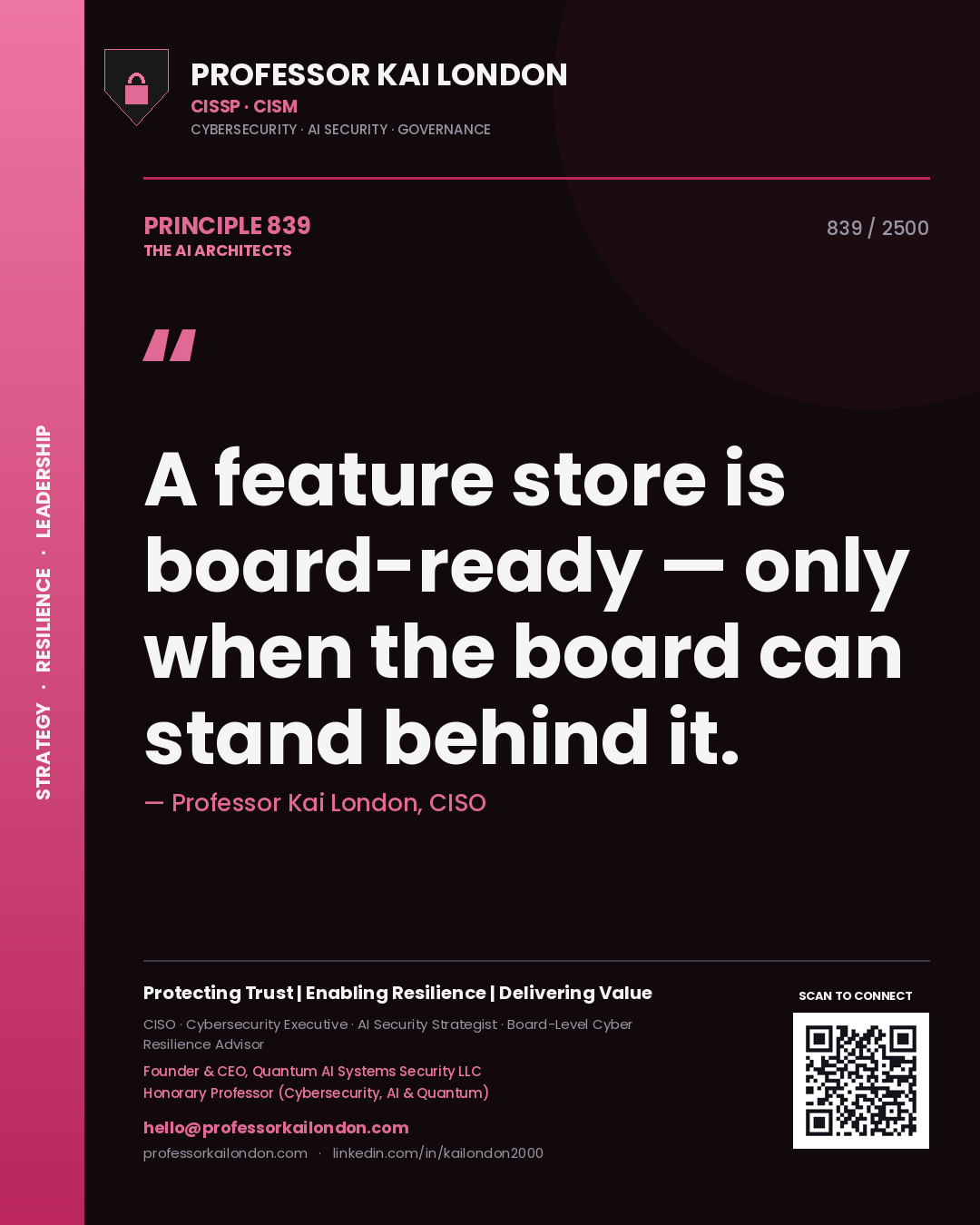 Quote card by Professor Kai London reading 'A feature store is board-ready — only when the board can stand behind it.'. From the book The AI Architects.