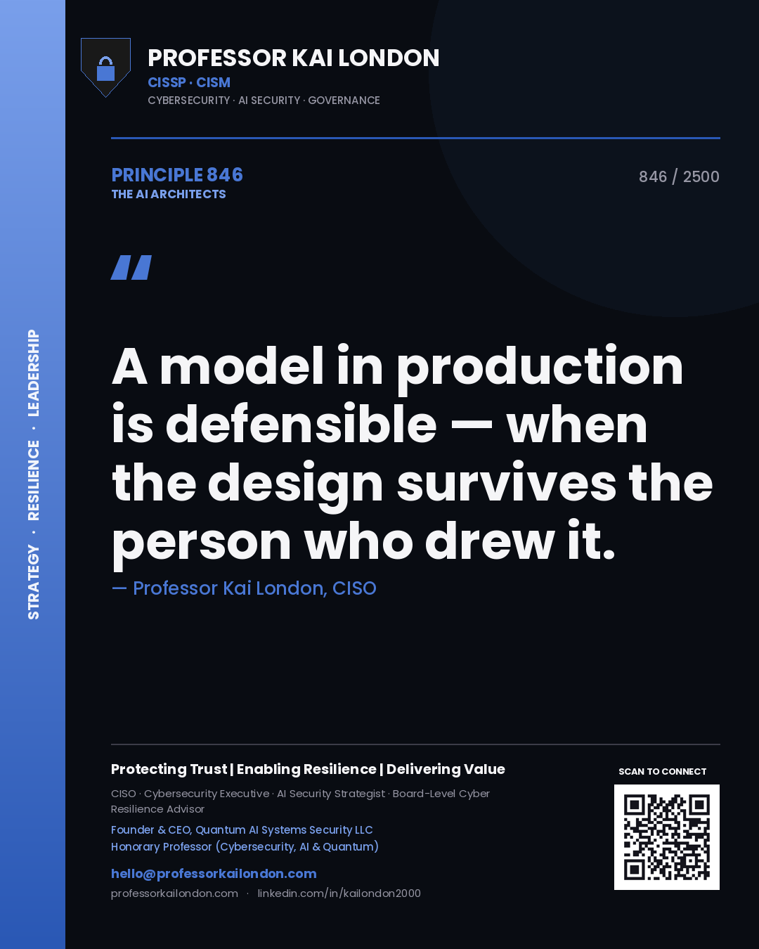 Quote card by Professor Kai London reading 'A model in production is defensible — when the design survives the person who drew it.'. From the book The AI Architects.