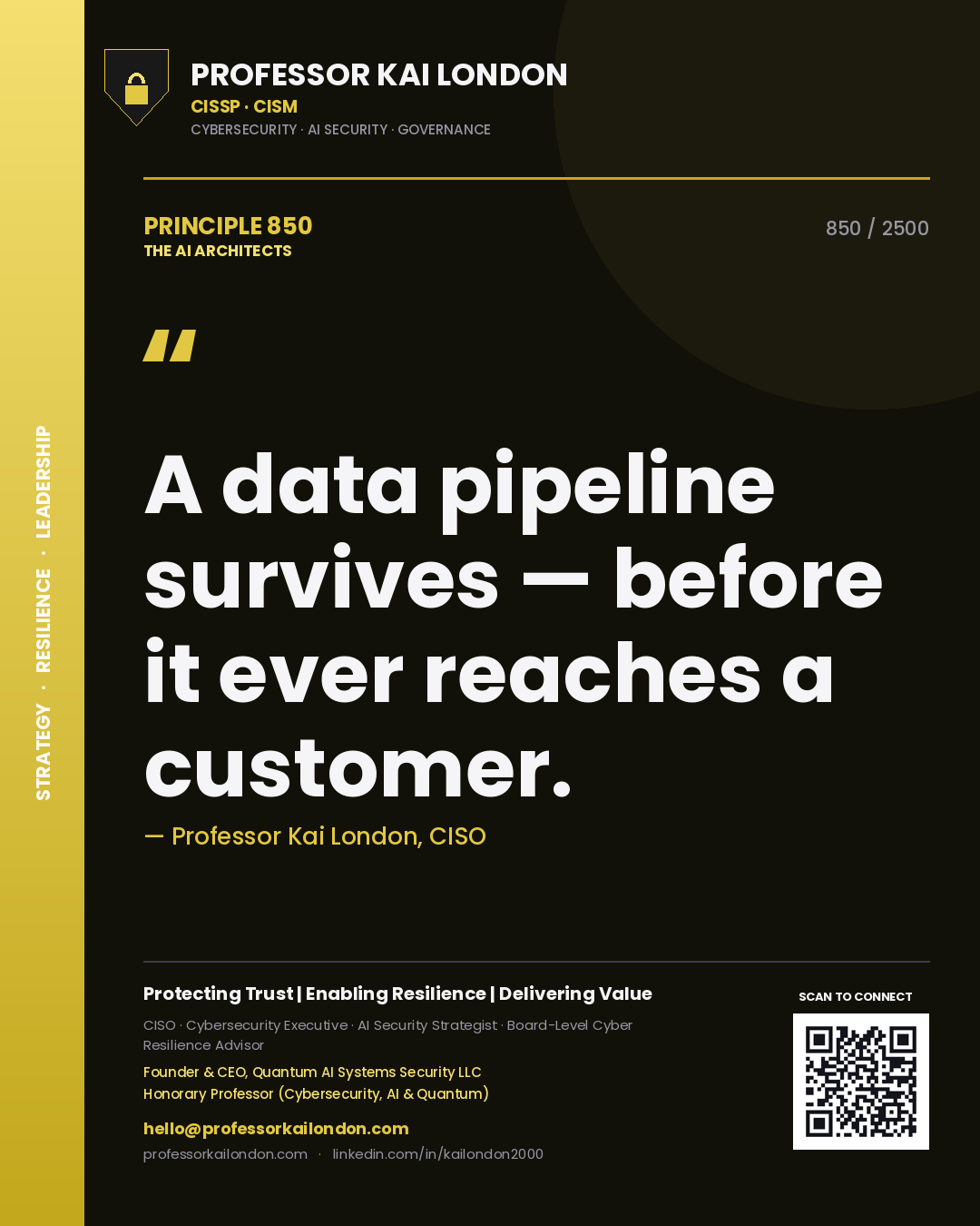 Quote card by Professor Kai London reading 'A data pipeline survives — before it ever reaches a customer.'. From the book The AI Architects.