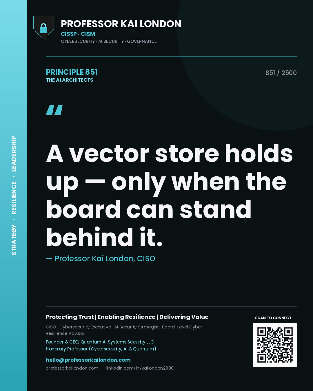 Quote card by Professor Kai London reading 'A vector store holds up — only when the board can stand behind it.'. From the book The AI Architects.