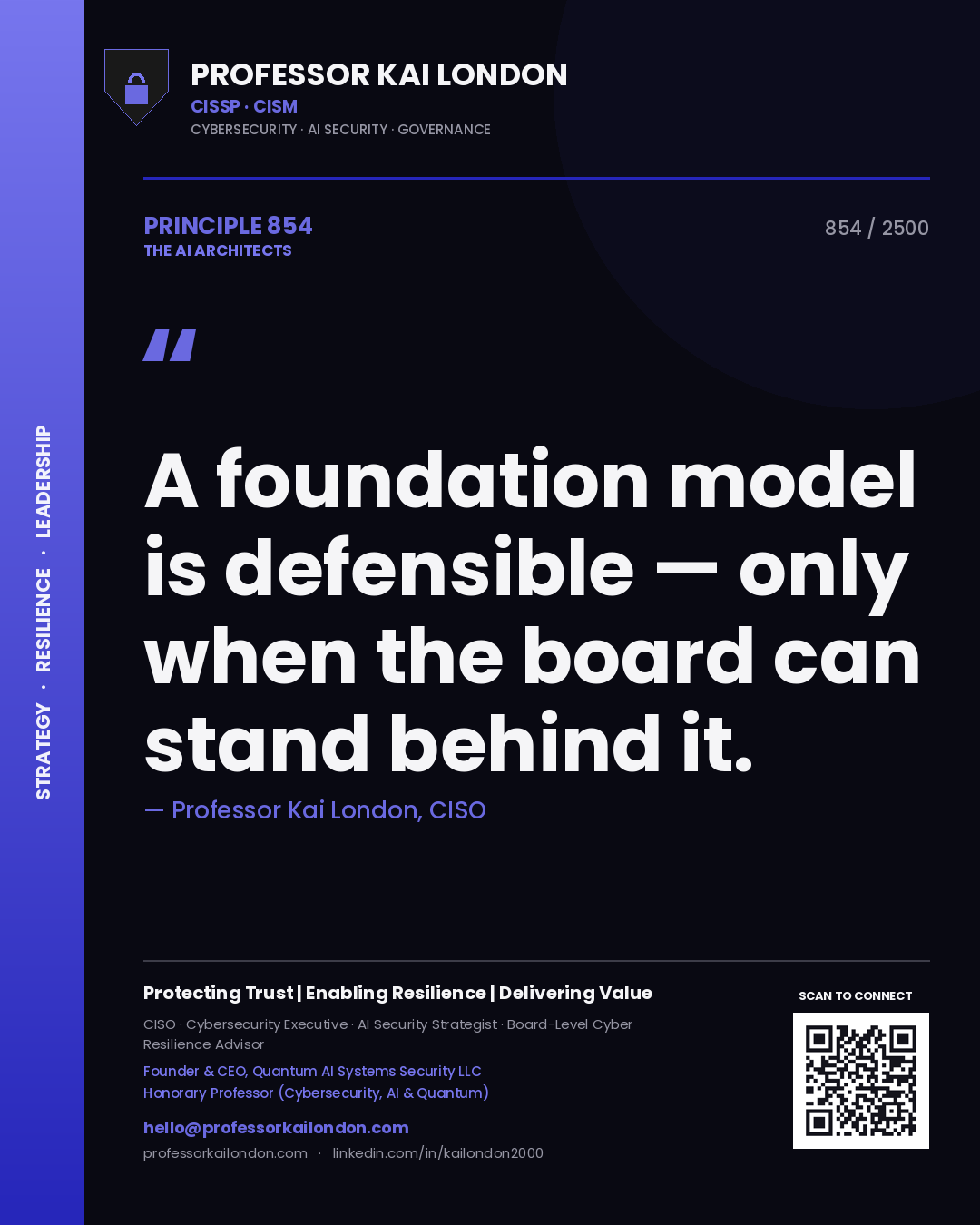 Quote card by Professor Kai London reading 'A foundation model is defensible — only when the board can stand behind it.'. From the book The AI Architects.