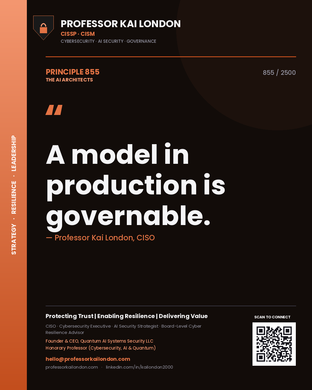 Quote card by Professor Kai London reading 'A model in production is governable.'. From the book The AI Architects.