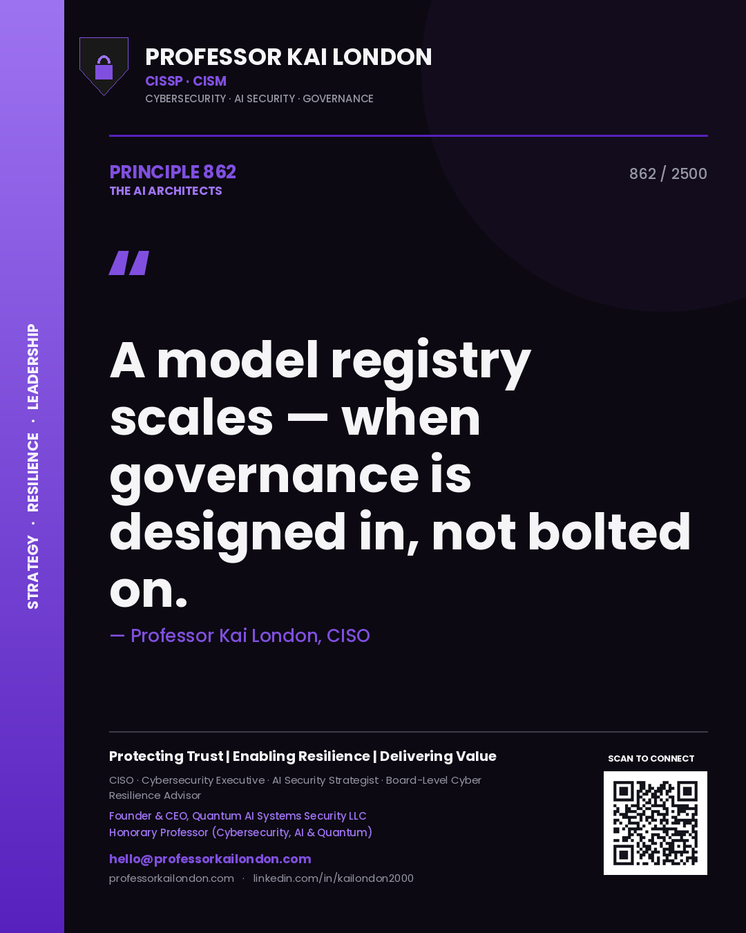 Quote card by Professor Kai London reading 'A model registry scales — when governance is designed in, not bolted on.'. From the book The AI Architects.