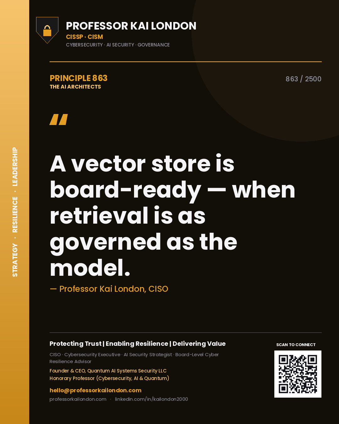 Quote card by Professor Kai London reading 'A vector store is board-ready — when retrieval is as governed as the model.'. From the book The AI Architects.
