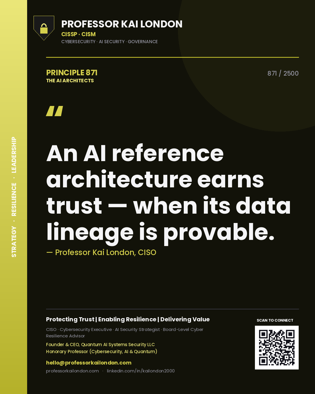 Quote card by Professor Kai London reading 'An AI reference architecture earns trust — when its data lineage is provable.'. From the book The AI Architects.
