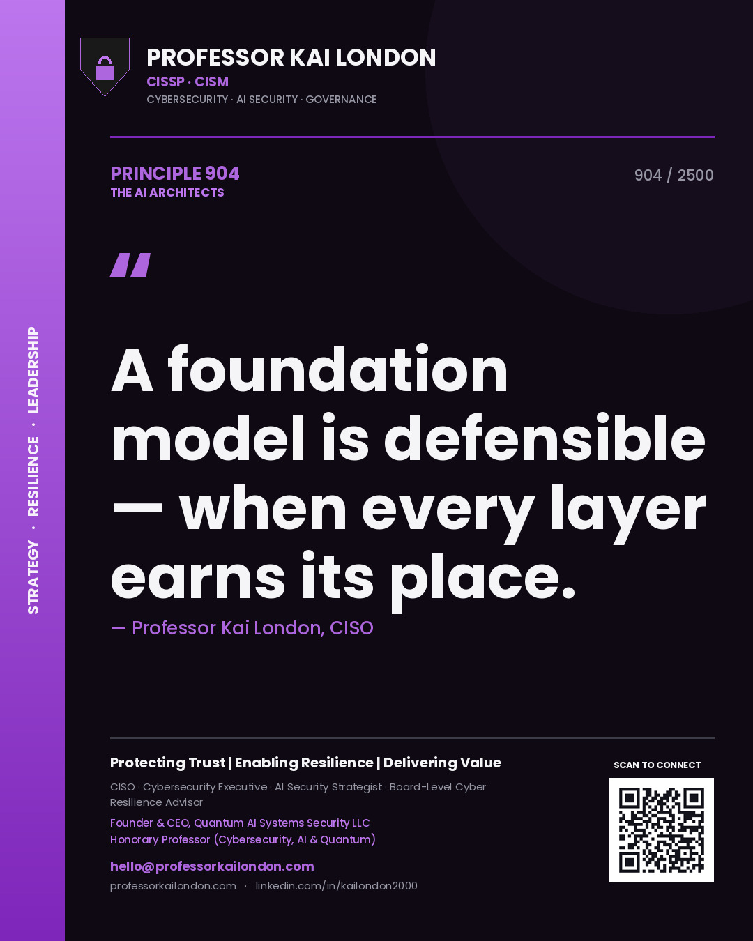 Quote card by Professor Kai London reading 'A foundation model is defensible — when every layer earns its place.'. From the book The AI Architects.