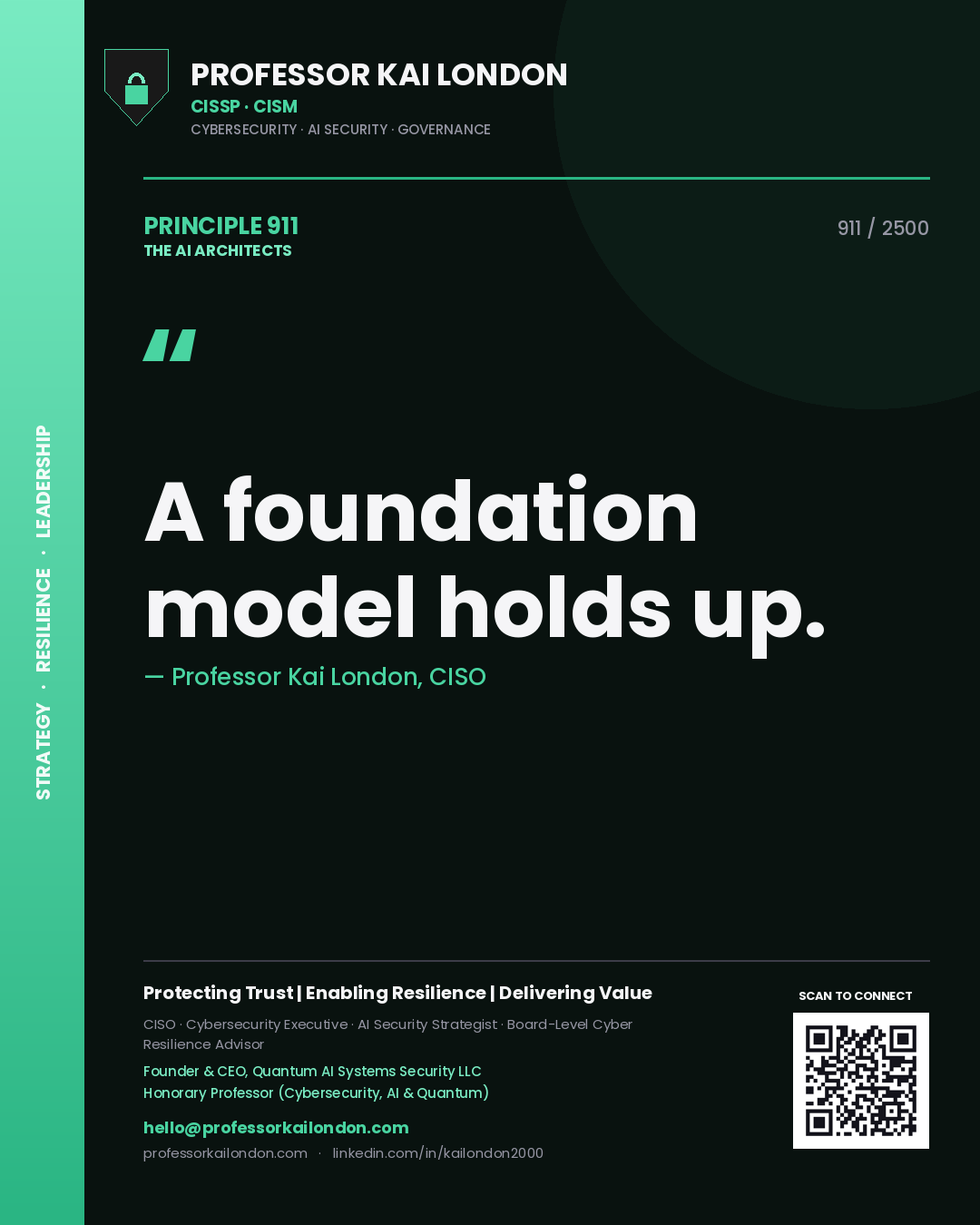 Quote card by Professor Kai London reading 'A foundation model holds up.'. From the book The AI Architects.