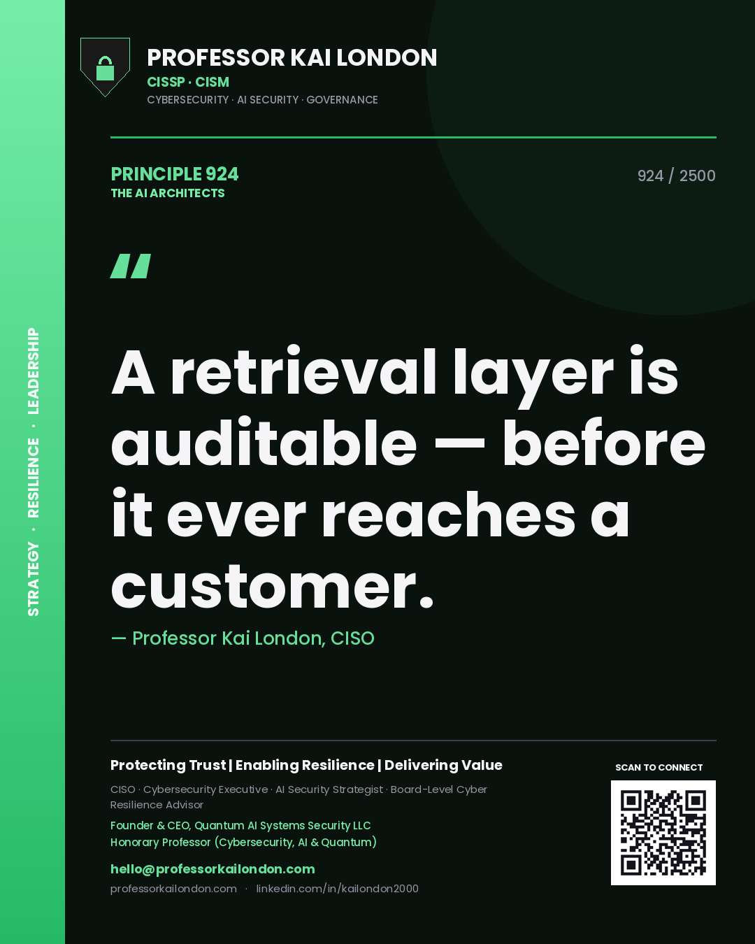 Quote card by Professor Kai London reading 'A retrieval layer is auditable — before it ever reaches a customer.'. From the book The AI Architects.