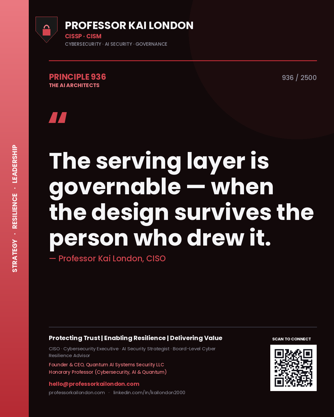 Professor Kai London principle 936: The serving layer is governable — when the design survives the person who drew it.