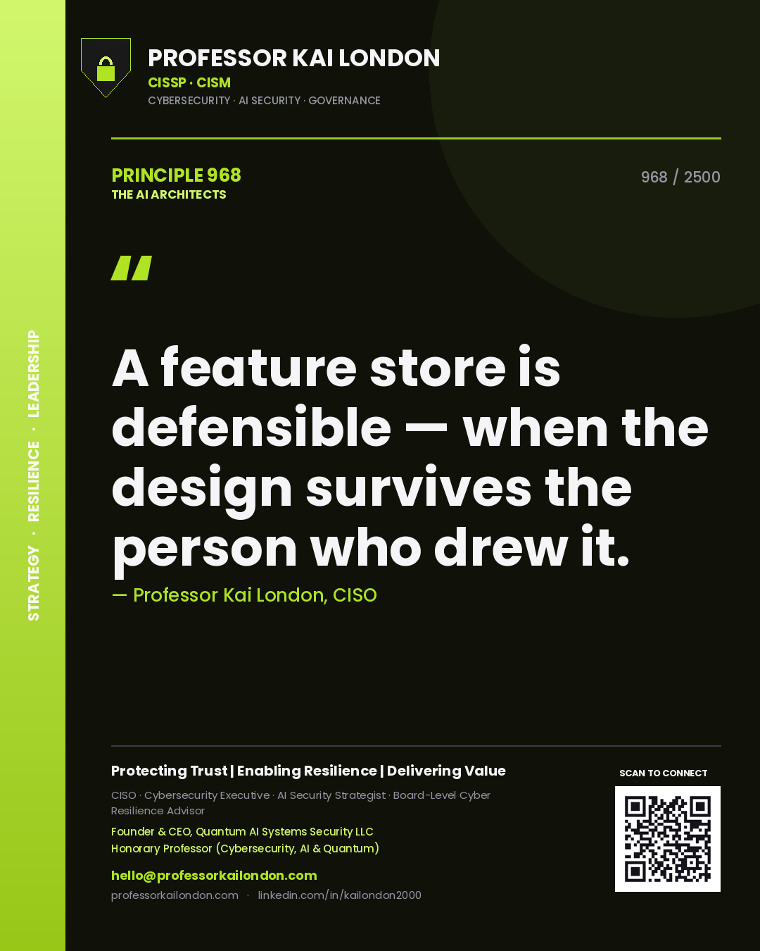 Quote card by Professor Kai London reading 'A feature store is defensible — when the design survives the person who drew it.'. From the book The AI Architects.