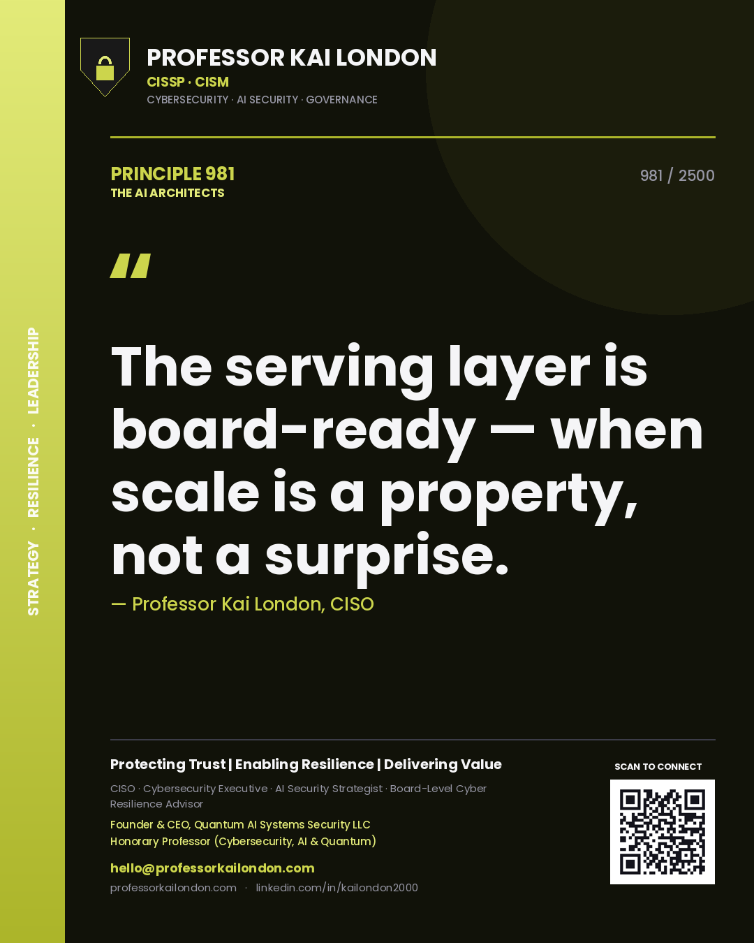 Professor Kai London principle 981: The serving layer is board-ready — when scale is a property, not a surprise.