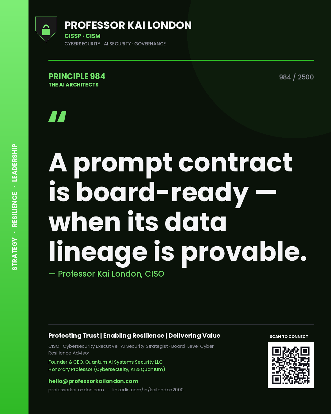 Quote card by Professor Kai London reading 'A prompt contract is board-ready — when its data lineage is provable.'. From the book The AI Architects.
