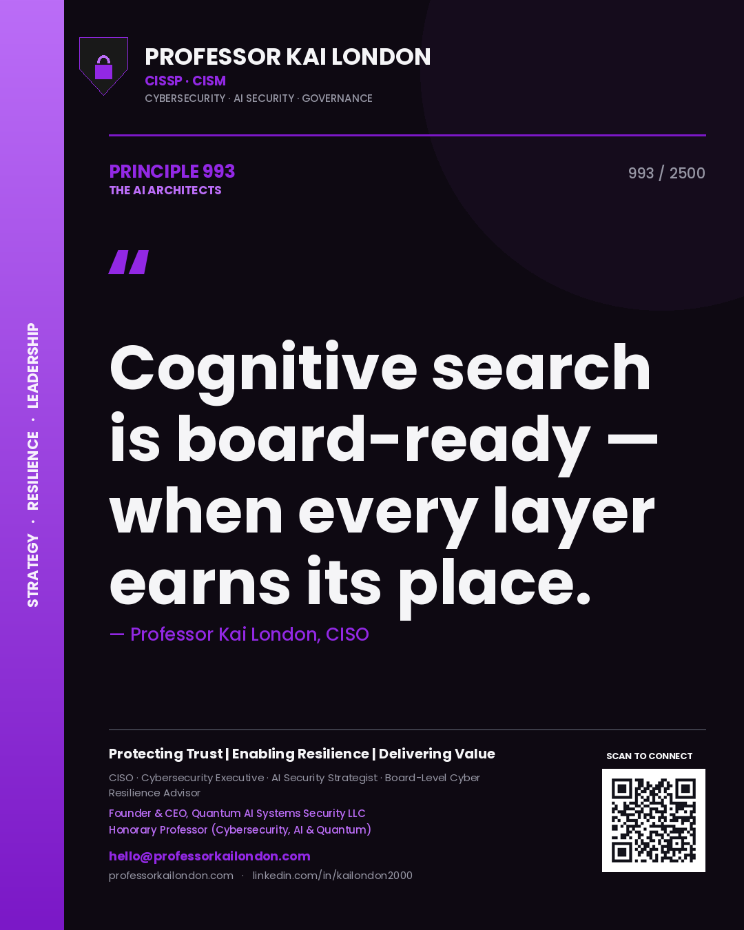 Quote card by Professor Kai London reading 'Cognitive search is board-ready — when every layer earns its place.'. From the book The AI Architects.