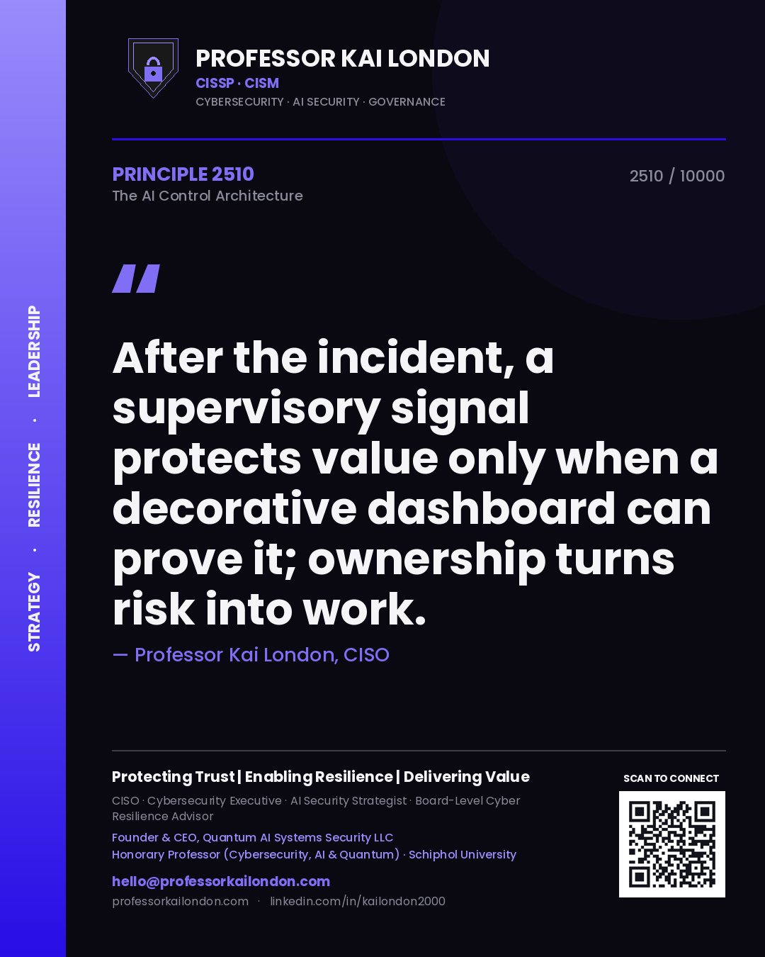 Professor Kai London principle 2510: After the incident, a supervisory signal protects value only when a decorative dashboard can prove it; ownership turns risk into work.