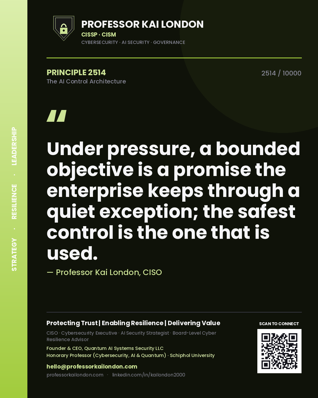 Quote card by Professor Kai London reading 'Under pressure, a bounded objective is a promise the enterprise keeps through a quiet exception; the safest control is the one that is used.'. From the book The AI Control Architecture.