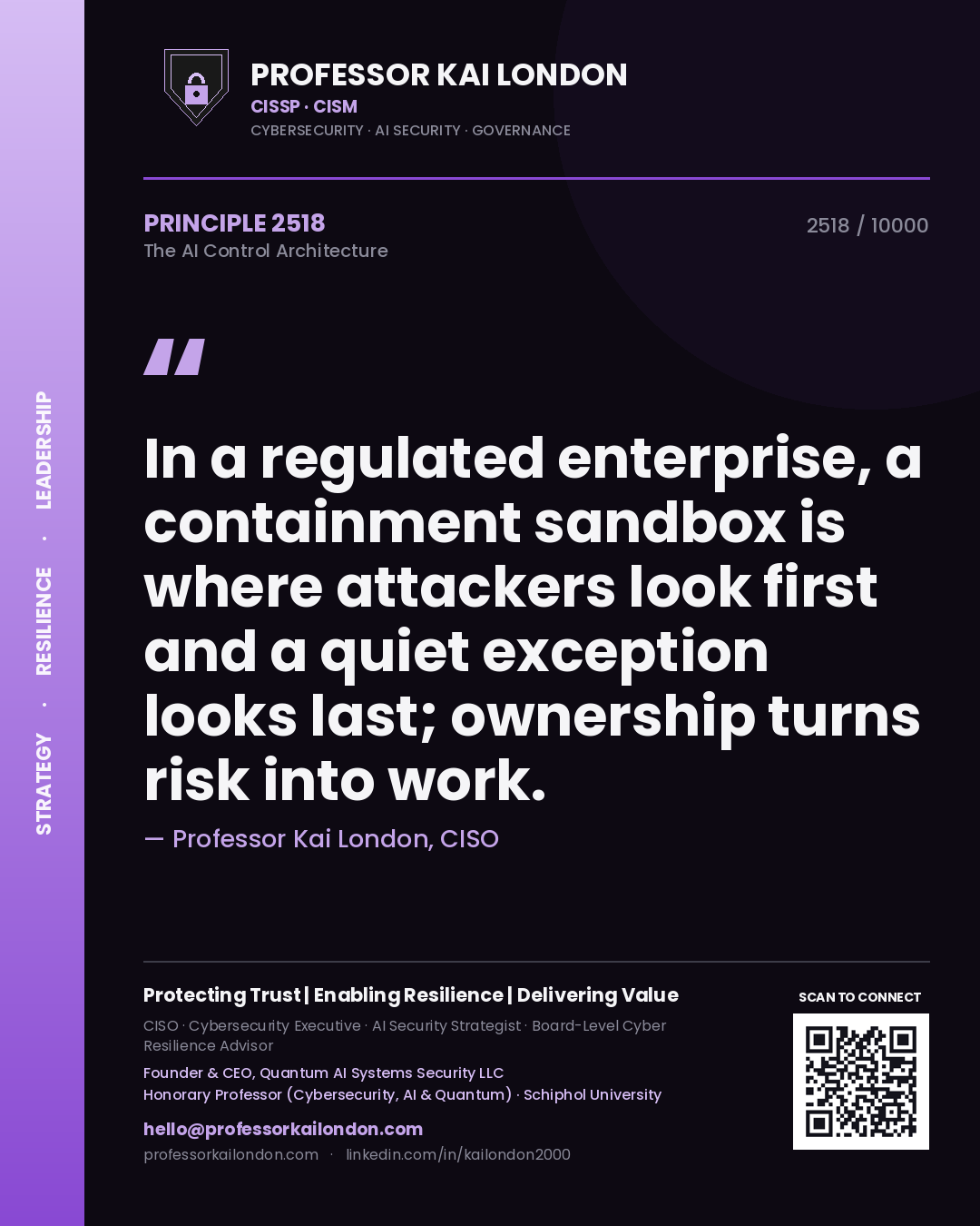 Quote card by Professor Kai London reading 'In a regulated enterprise, a containment sandbox is where attackers look first and a quiet exception looks last; ownership turns risk into work.'. From the book The AI Control Architecture.