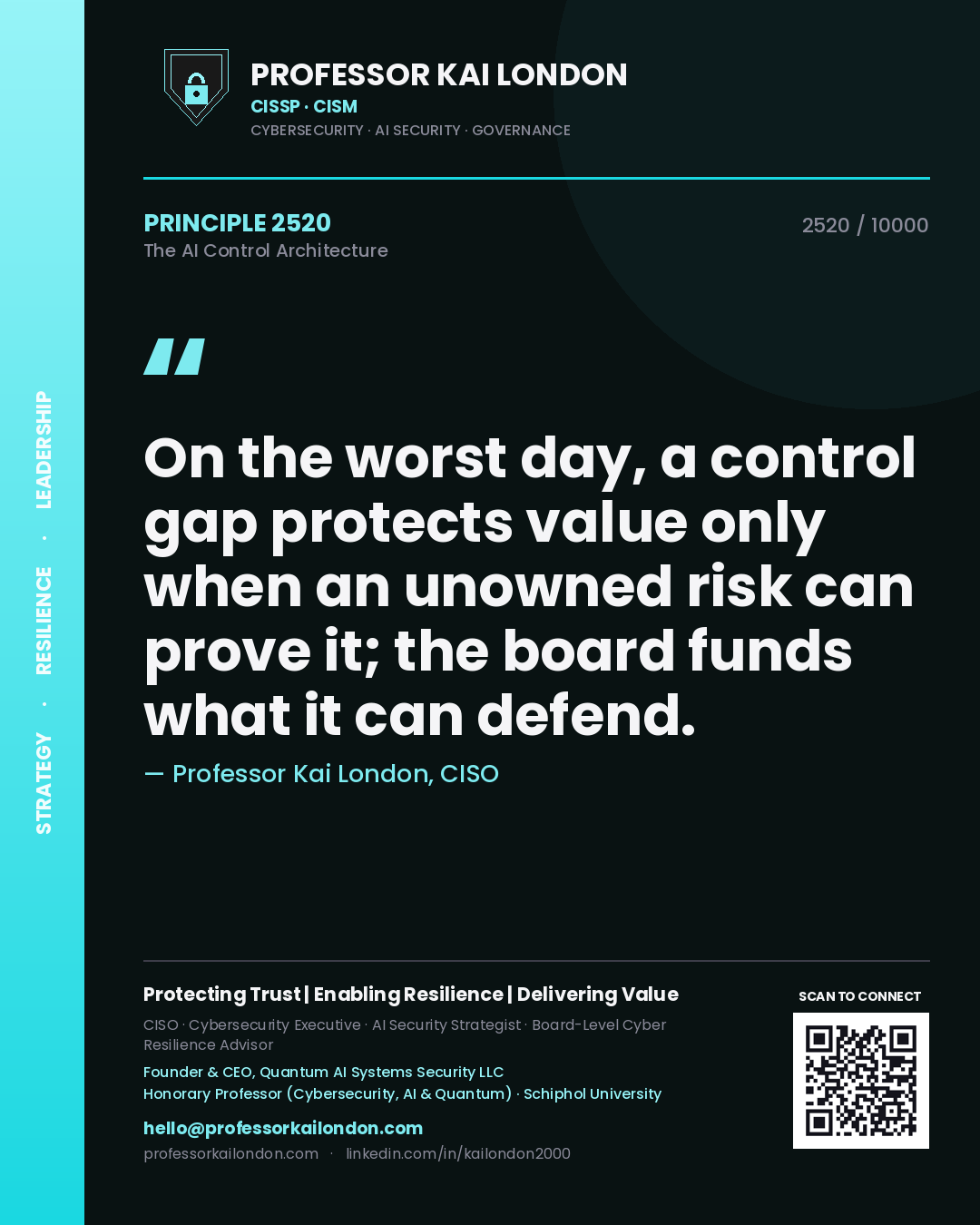 Quote card by Professor Kai London reading 'On the worst day, a control gap protects value only when an unowned risk can prove it; the board funds what it can defend.'. From the book The AI Control Architecture.