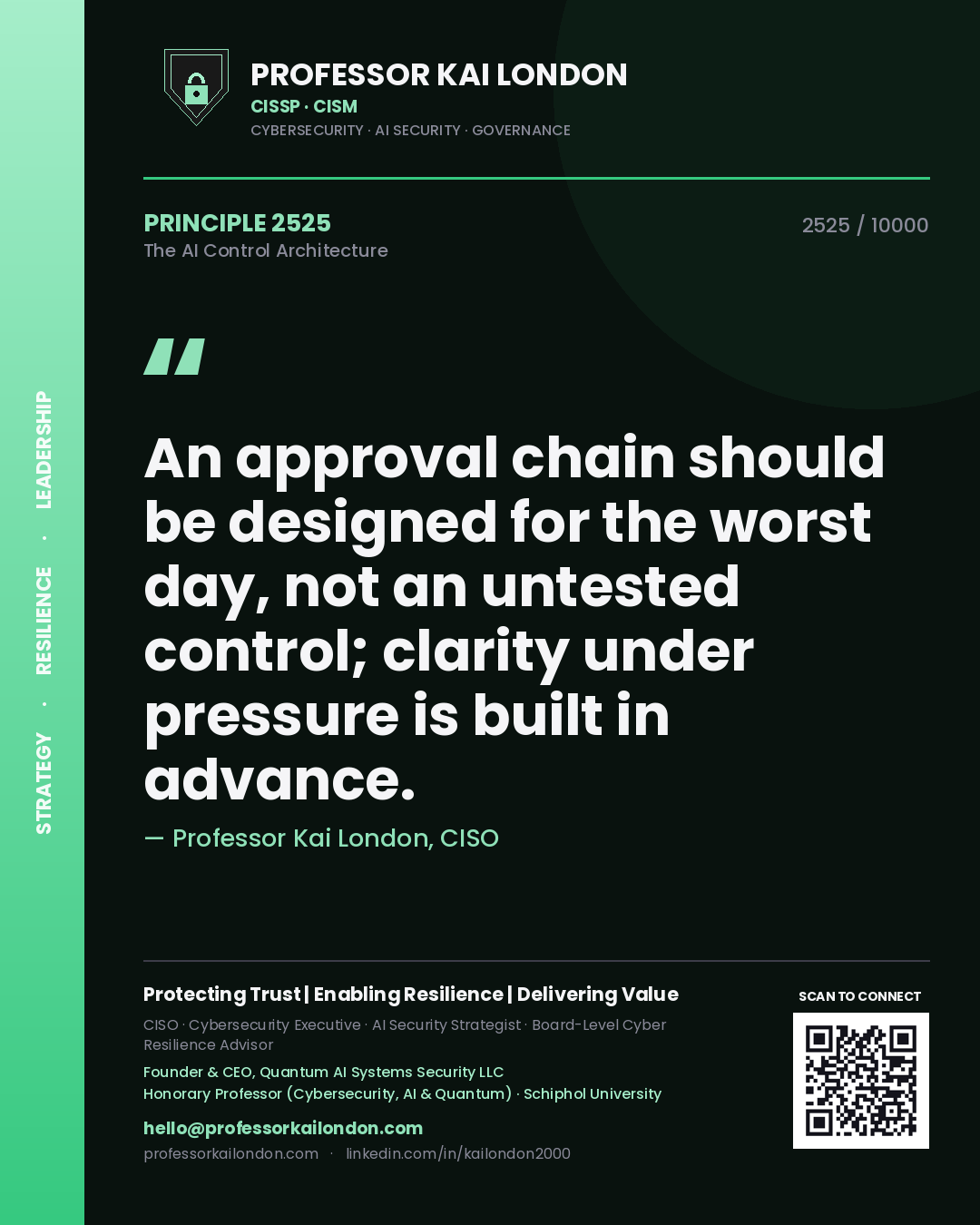 Professor Kai London principle 2525: An approval chain should be designed for the worst day, not an untested control; clarity under pressure is built in advance.
