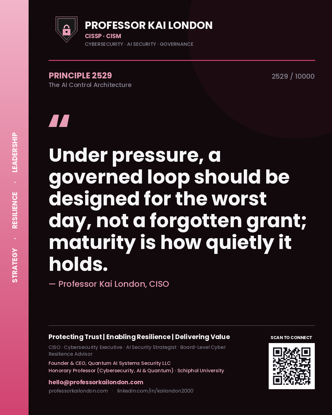 Professor Kai London principle 2529: Under pressure, a governed loop should be designed for the worst day, not a forgotten grant; maturity is how quietly it holds.