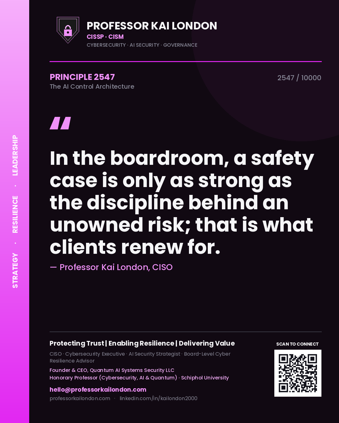 Quote card by Professor Kai London reading 'In the boardroom, a safety case is only as strong as the discipline behind an unowned risk; that is what clients renew for.'. From the book The AI Control Architecture.