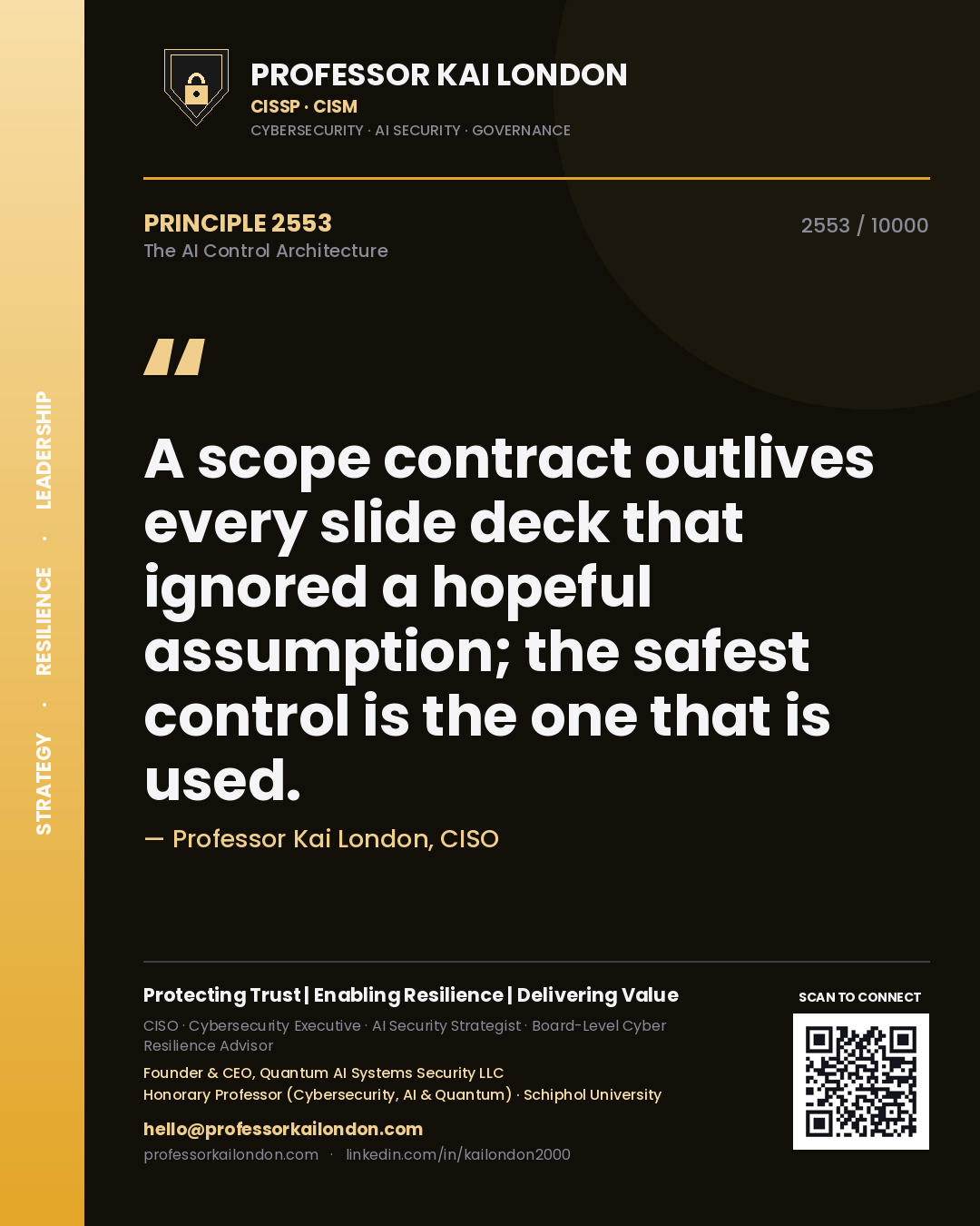 Quote card by Professor Kai London reading 'A scope contract outlives every slide deck that ignored a hopeful assumption; the safest control is the one that is used.'. From the book The AI Control Architecture.
