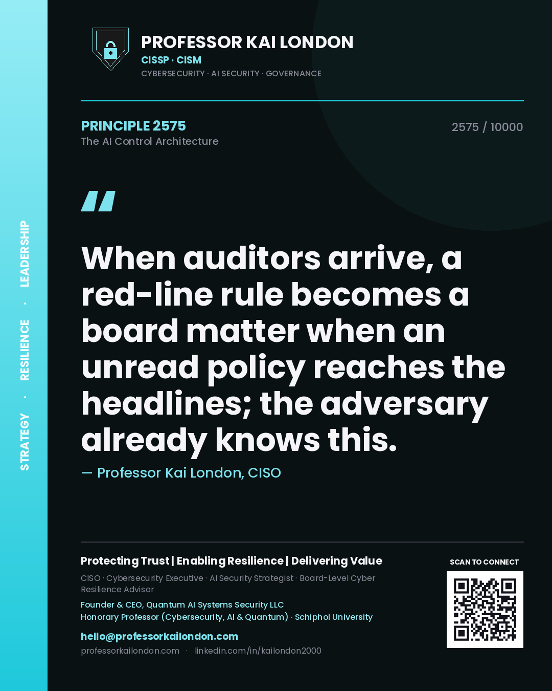 Professor Kai London principle 2575: When auditors arrive, a red-line rule becomes a board matter when an unread policy reaches the headlines; the adversary already knows this.