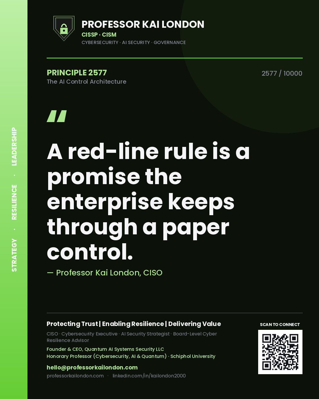 Quote card by Professor Kai London reading 'A red-line rule is a promise the enterprise keeps through a paper control.'. From the book The AI Control Architecture.