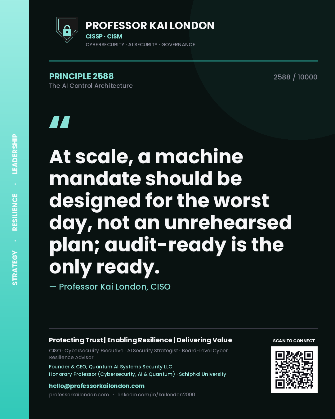 Quote card by Professor Kai London reading 'At scale, a machine mandate should be designed for the worst day, not an unrehearsed plan; audit-ready is the only ready.'. From the book The AI Control Architecture.