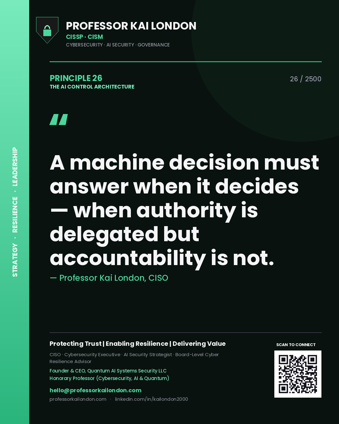 Professor Kai London principle 26: A machine decision must answer when it decides — when authority is delegated but accountability is not.
