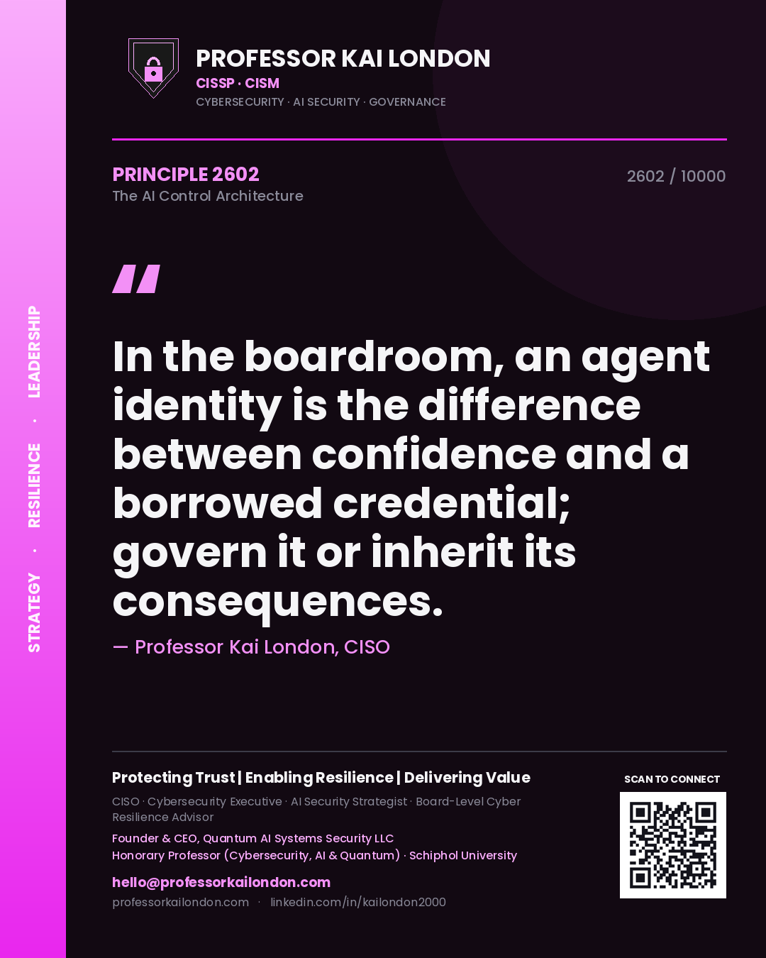 Professor Kai London principle 2602: In the boardroom, an agent identity is the difference between confidence and a borrowed credential; govern it or inherit its consequences.