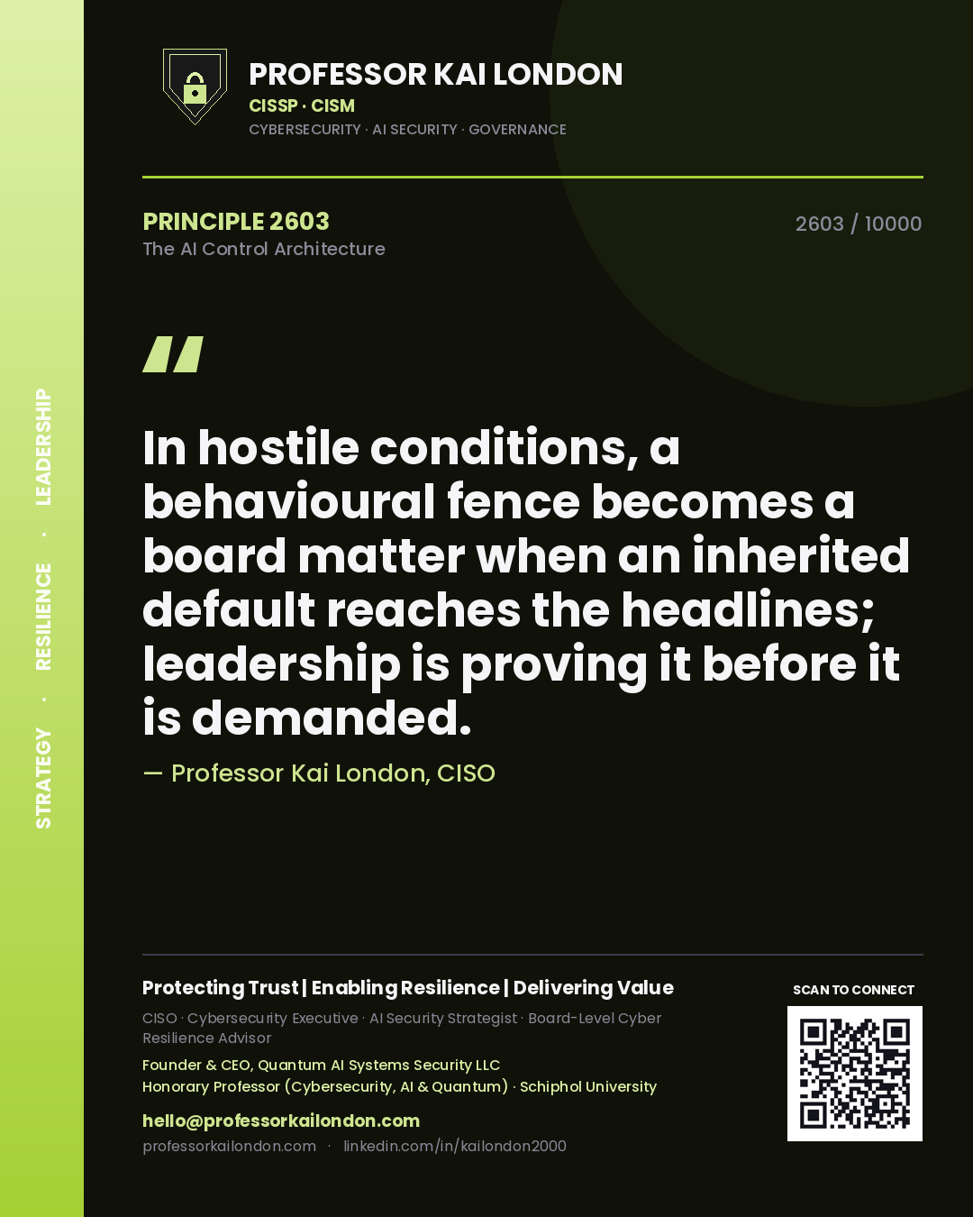 Professor Kai London principle 2603: In hostile conditions, a behavioural fence becomes a board matter when an inherited default reaches the headlines; leadership is proving it before it is demanded.