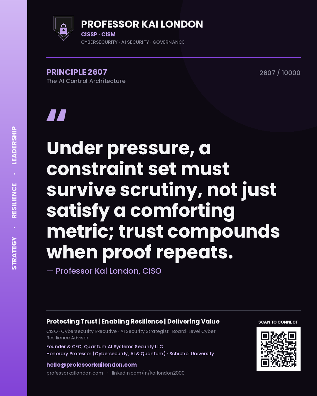 Professor Kai London principle 2607: Under pressure, a constraint set must survive scrutiny, not just satisfy a comforting metric; trust compounds when proof repeats.