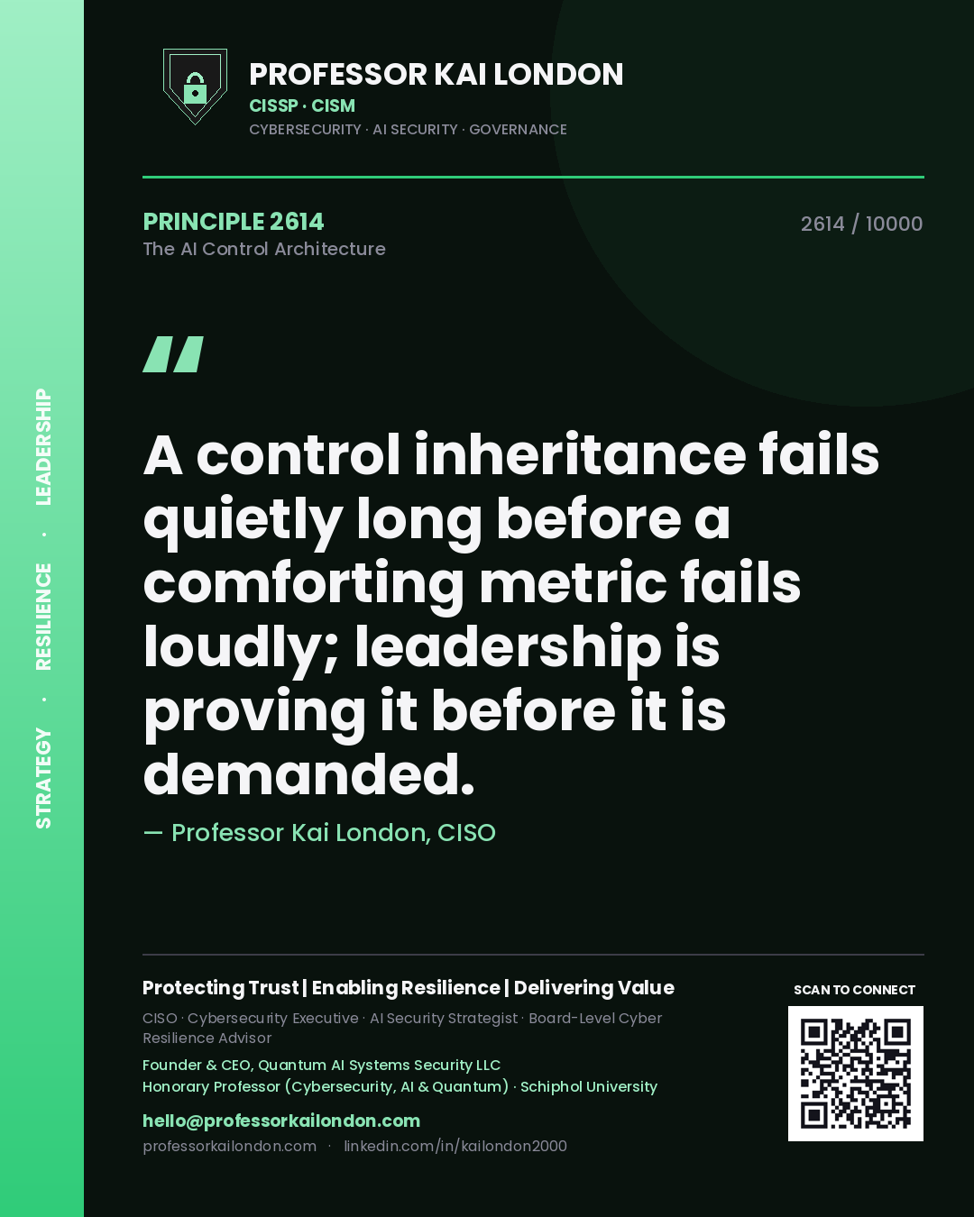 Quote card by Professor Kai London reading 'A control inheritance fails quietly long before a comforting metric fails loudly; leadership is proving it before it is demanded.'. From the book The AI Control Architecture.