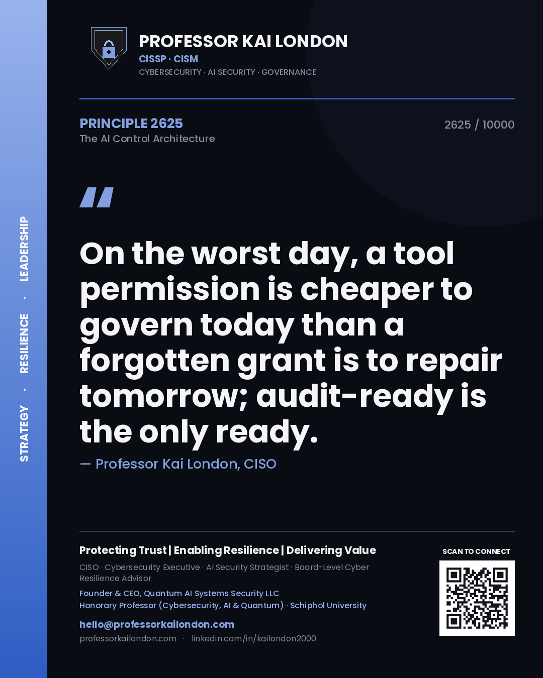 Quote card by Professor Kai London reading 'On the worst day, a tool permission is cheaper to govern today than a forgotten grant is to repair tomorrow; audit-ready is the only ready.'. From the book The AI Control Architecture.