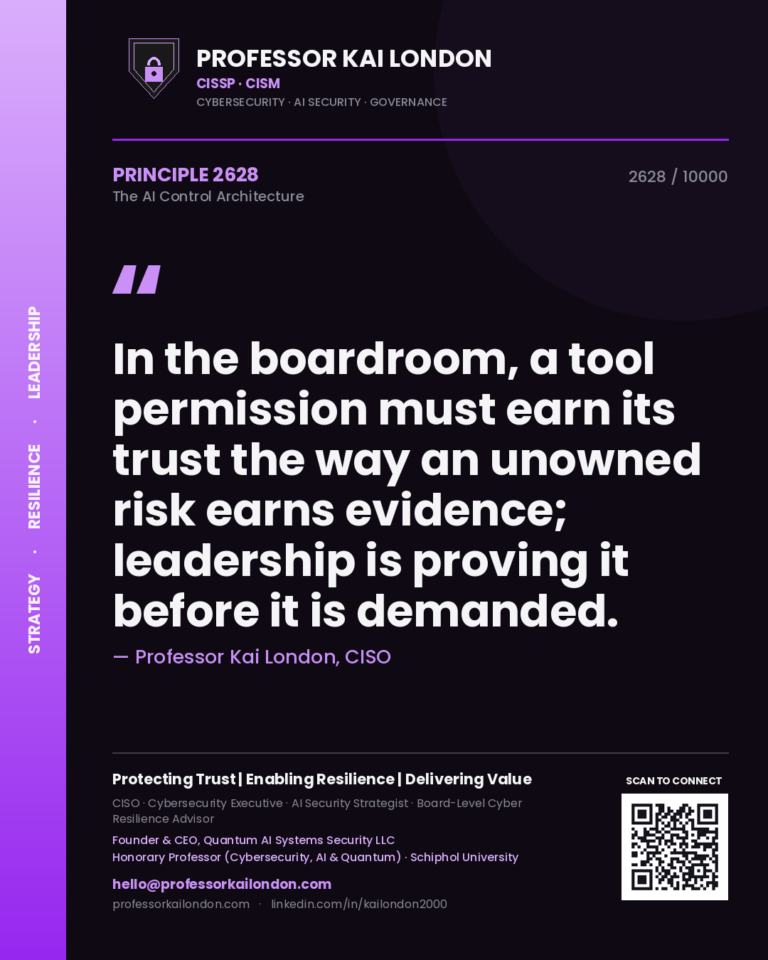 Professor Kai London principle 2628: In the boardroom, a tool permission must earn its trust the way an unowned risk earns evidence; leadership is proving it before it is demanded.
