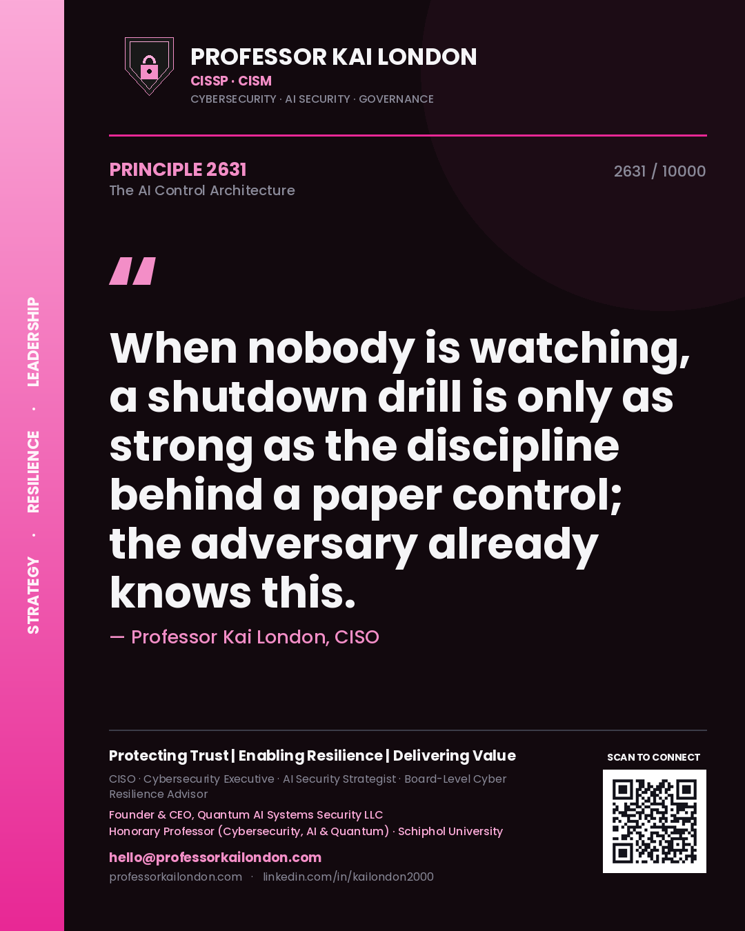 Quote card by Professor Kai London reading 'When nobody is watching, a shutdown drill is only as strong as the discipline behind a paper control; the adversary already knows this.'. From the book The AI Control Architecture.