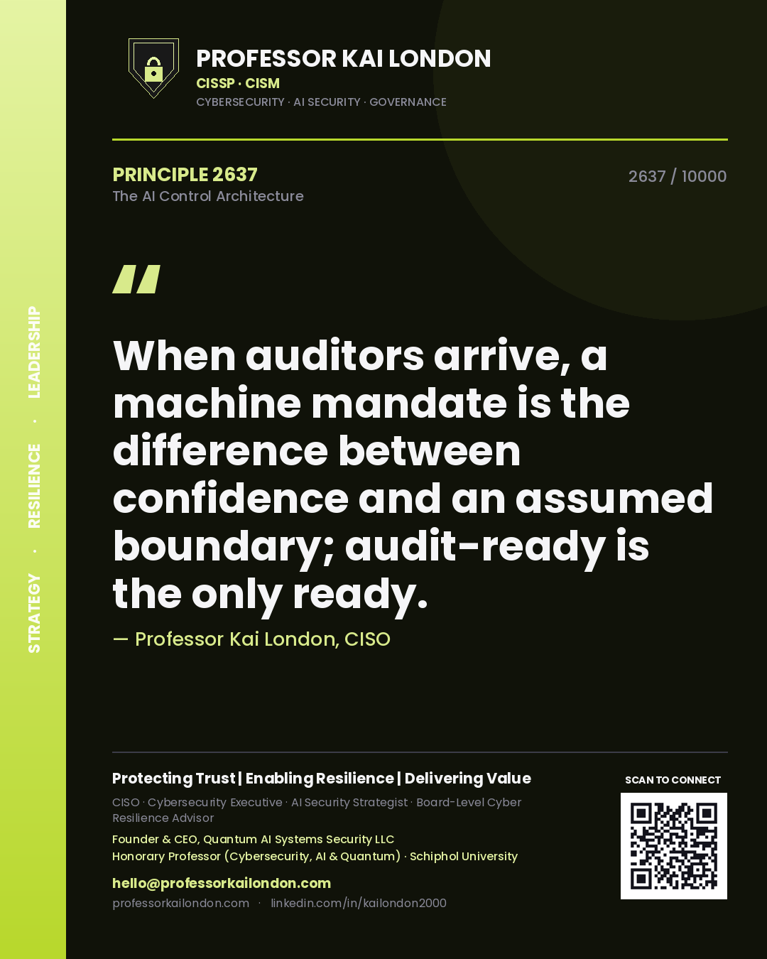 Professor Kai London principle 2637: When auditors arrive, a machine mandate is the difference between confidence and an assumed boundary; audit-ready is the only ready.