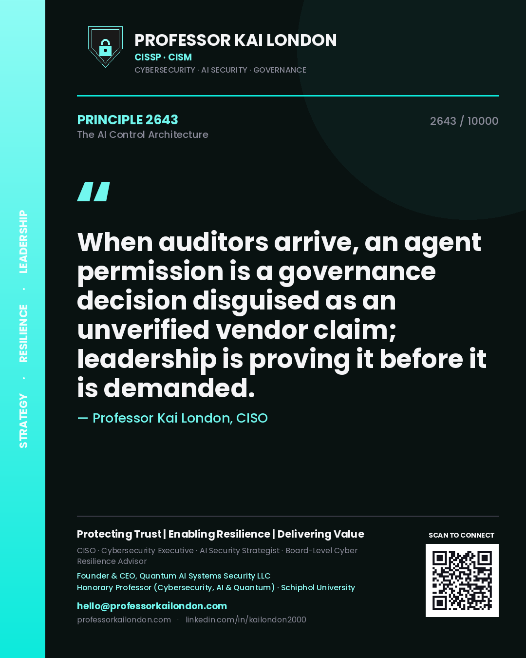 Quote card by Professor Kai London reading 'When auditors arrive, an agent permission is a governance decision disguised as an unverified vendor claim; leadership is proving it before it is demanded.'. From the book The AI Control Architecture.