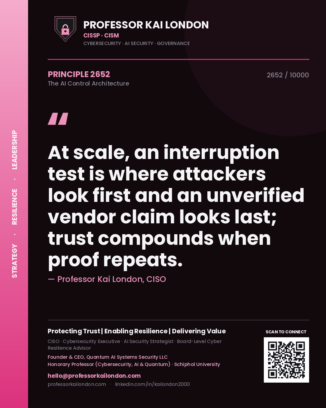 Professor Kai London principle 2652: At scale, an interruption test is where attackers look first and an unverified vendor claim looks last; trust compounds when proof repeats.