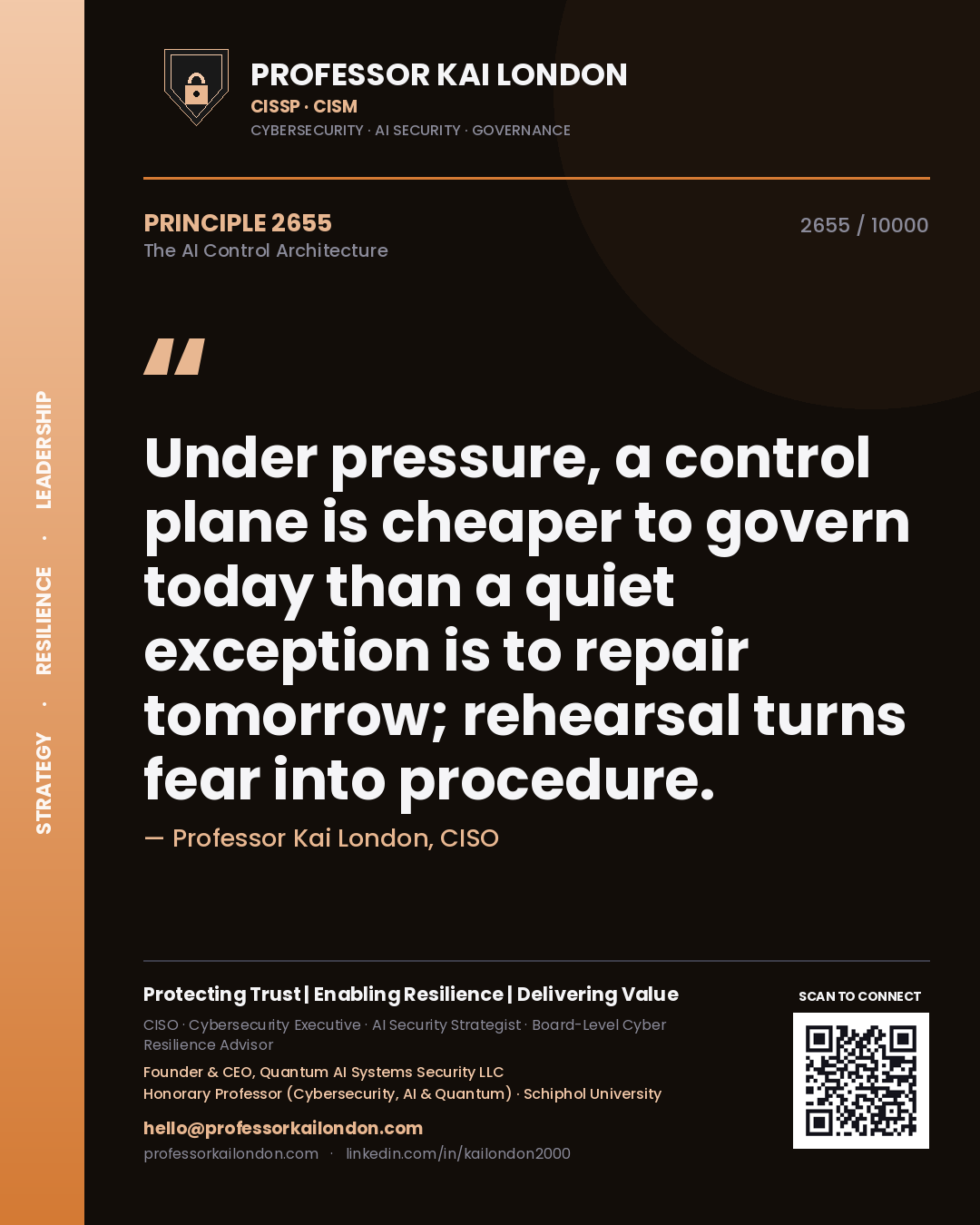 Professor Kai London principle 2655: Under pressure, a control plane is cheaper to govern today than a quiet exception is to repair tomorrow; rehearsal turns fear into procedure.