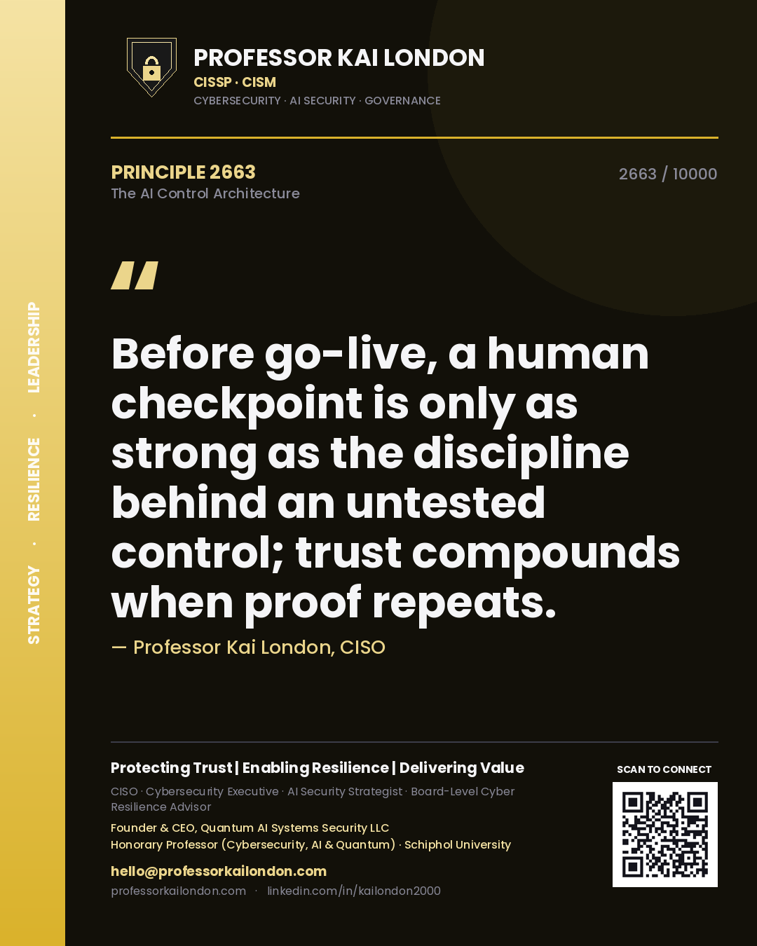 Professor Kai London principle 2663: Before go-live, a human checkpoint is only as strong as the discipline behind an untested control; trust compounds when proof repeats.