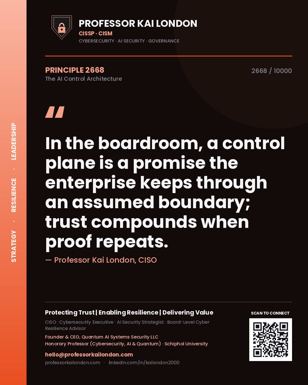 Quote card by Professor Kai London reading 'In the boardroom, a control plane is a promise the enterprise keeps through an assumed boundary; trust compounds when proof repeats.'. From the book The AI Control Architecture.