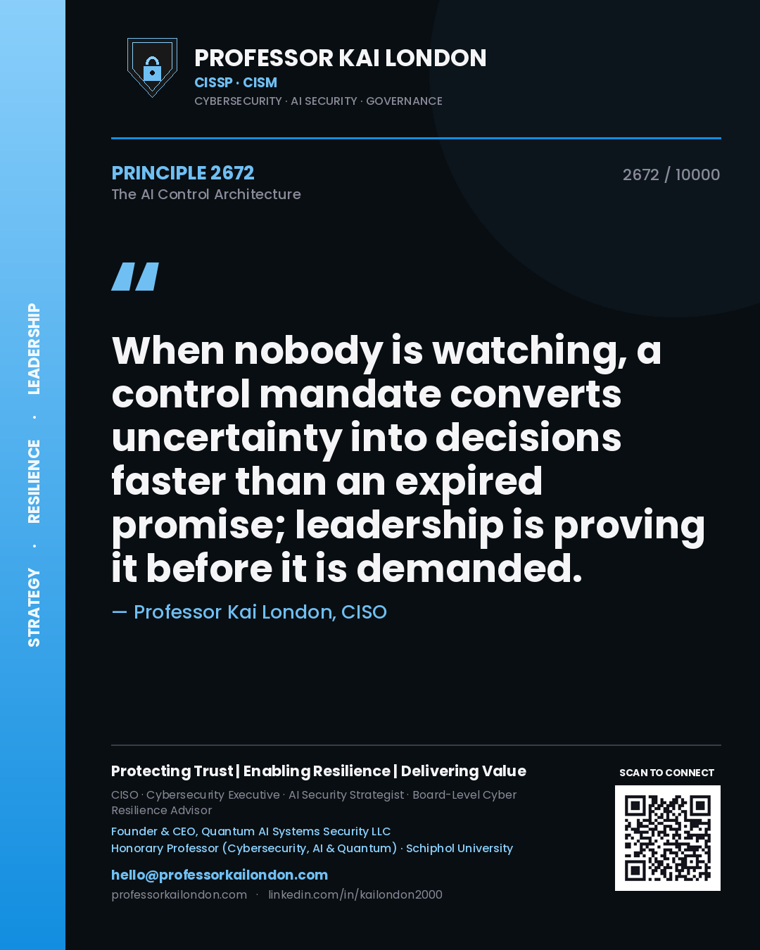 Professor Kai London principle 2672: When nobody is watching, a control mandate converts uncertainty into decisions faster than an expired promise; leadership is proving it before it is demanded.