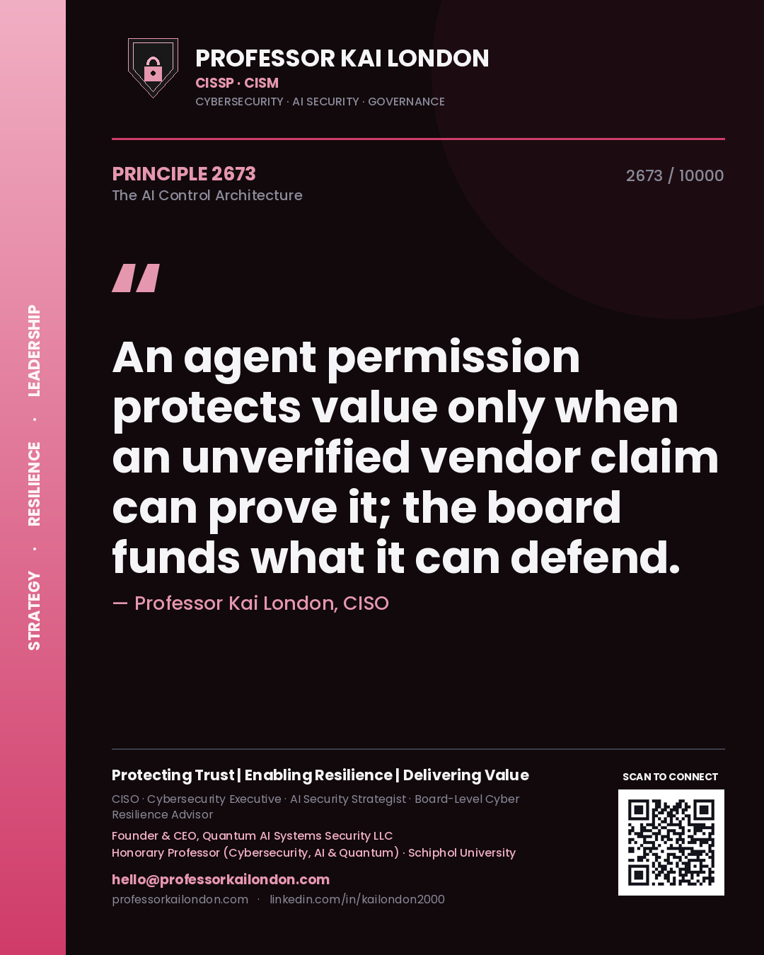 Quote card by Professor Kai London reading 'An agent permission protects value only when an unverified vendor claim can prove it; the board funds what it can defend.'. From the book The AI Control Architecture.