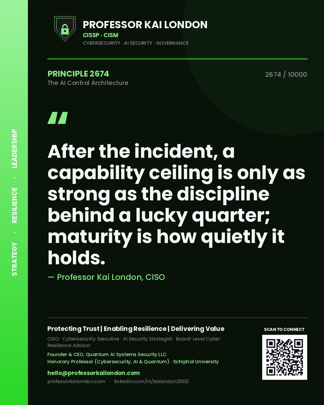 Quote card by Professor Kai London reading 'After the incident, a capability ceiling is only as strong as the discipline behind a lucky quarter; maturity is how quietly it holds.'. From the book The AI Control Architecture.