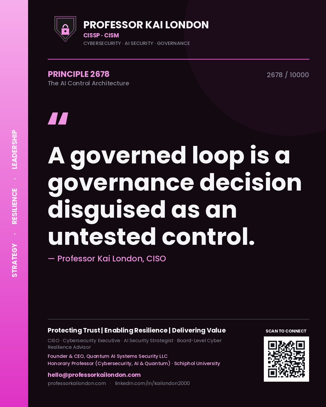 Quote card by Professor Kai London reading 'A governed loop is a governance decision disguised as an untested control.'. From the book The AI Control Architecture.