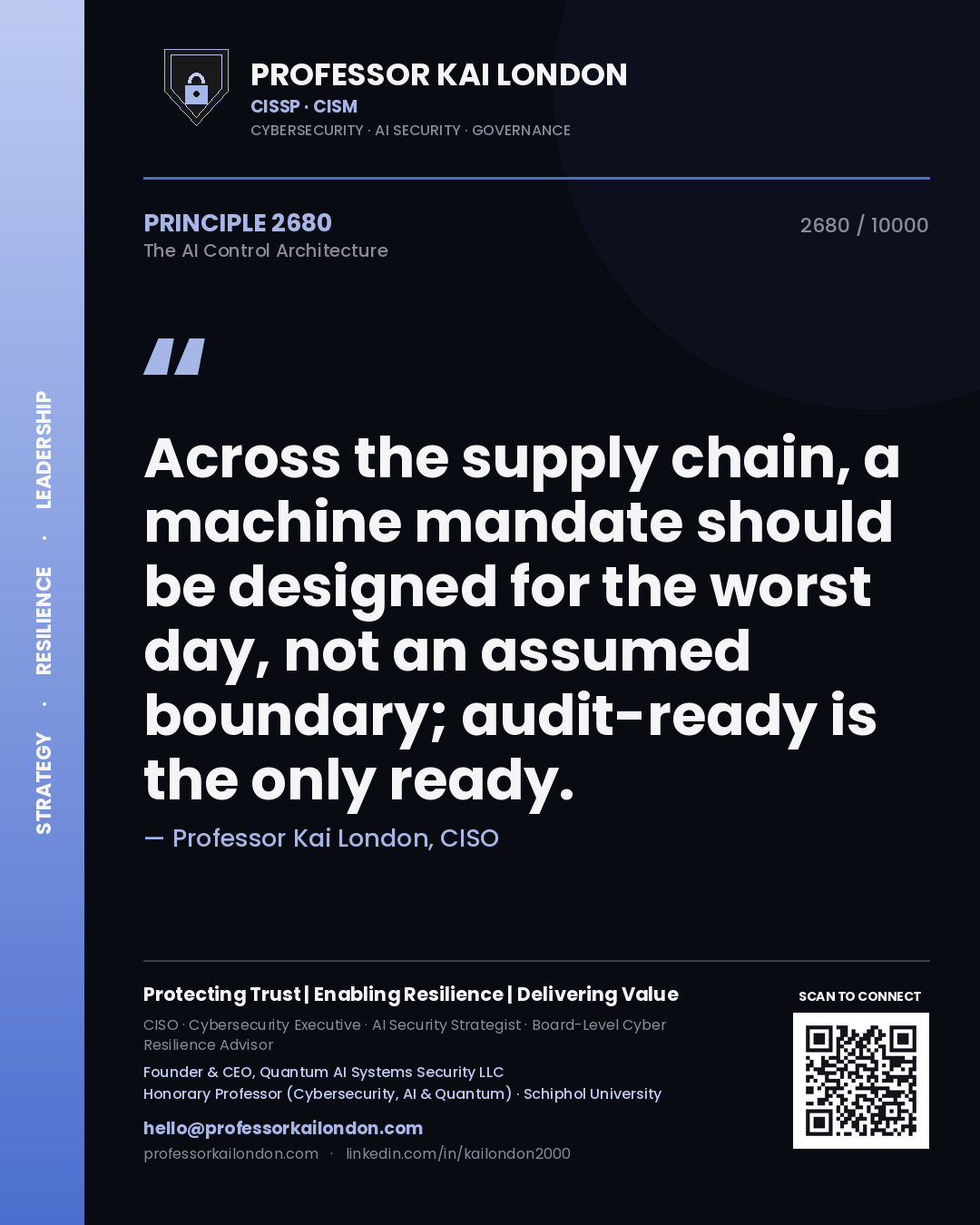 Quote card by Professor Kai London reading 'Across the supply chain, a machine mandate should be designed for the worst day, not an assumed boundary; audit-ready is the only ready.'. From the book The AI Control Architecture.